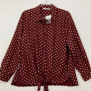 New Emily Daniels size XL Burgundy Gold Polka Dot Tie Front Button Down Soft